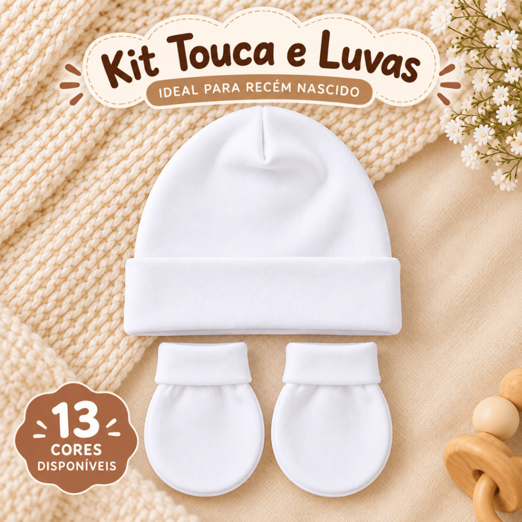 Kit Touca E Luvas Bebê Suedine 100% Algodão Macio Enxoval Maternidade Menino Menina Antialérgico