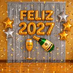 Kit Balão Feliz 2027 Decoração Ano Novo + 2 Cortinas Metalizadas Lisa 2x1m + Taça e Champanhe Réveillon
