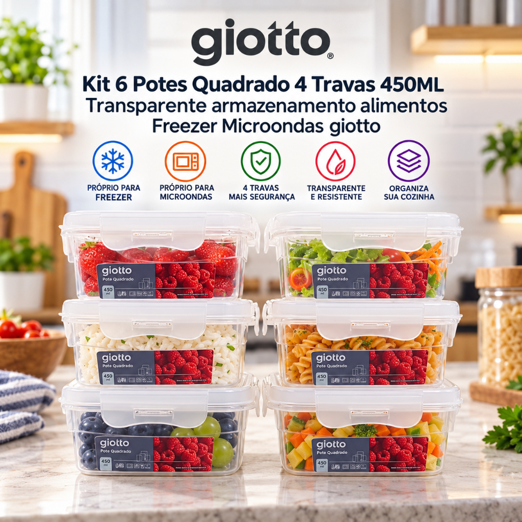 Kit 6 Potes Quadrado 4 Travas 450ML Transparente armazenamento alimentos Freezer Microondas giotto