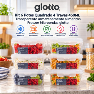Kit 6 Potes Quadrado 4 Travas 450ML Transparente armazenamento alimentos Freezer Microondas giotto