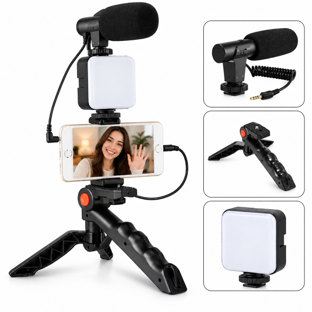 Kit Gravação De Vídeos Para Celular Com Tripé, Luz LED 3 Níveis E Microfone Para Vlog E Lives