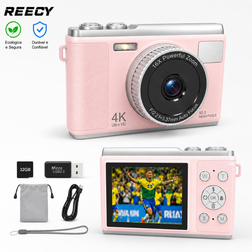Câmera Digital REECY 50MP com Foco Automático, Zoom Digital 16X, Tela 2,83, Cartão 32GB e Kit Completo