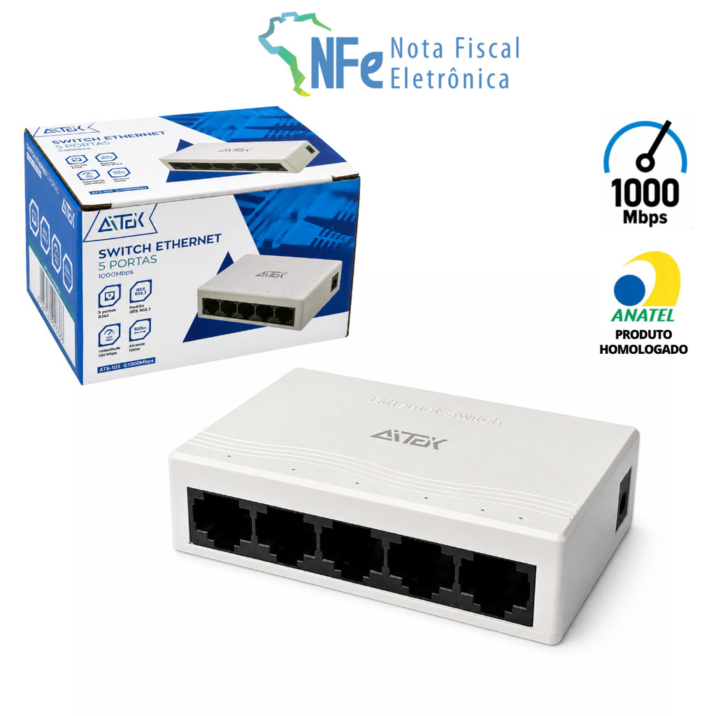 Switch Gigabit Aitek 5 ou 8 Portas RJ45 1000Mbps Plug Play para Casa, Escritório, Jogos e Streaming · foto 2