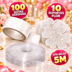 Kit Decoração Balão 10 Suportes Flor + 100 Gotas Cola Adesiva + Fita Arco 5M Festa Bexiga