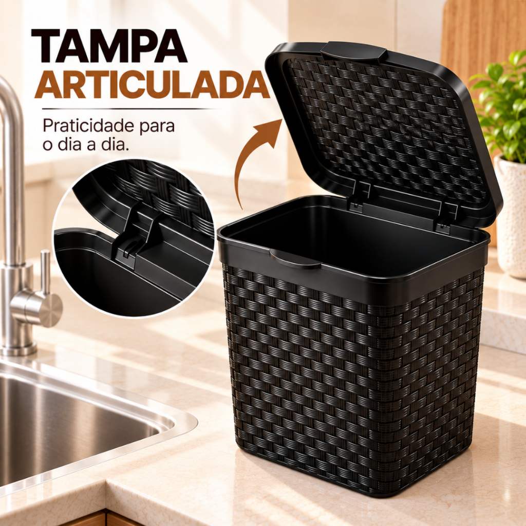 Kit 1 Ou 2 Lixeiras Rattan 5 Litros Tampa Click Banheiro Lavabo Cozinha Compacta Decorativa — imagem 2 de 2