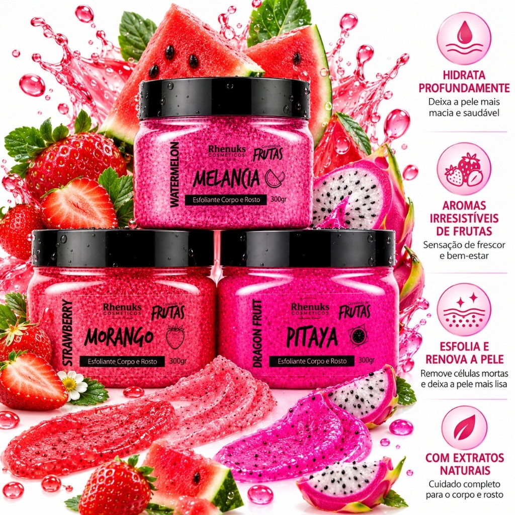 Kit 3 Esfoliante Corporal 300g Rhenuks Morango, Melancia e Pitaya - Aroma Frutado