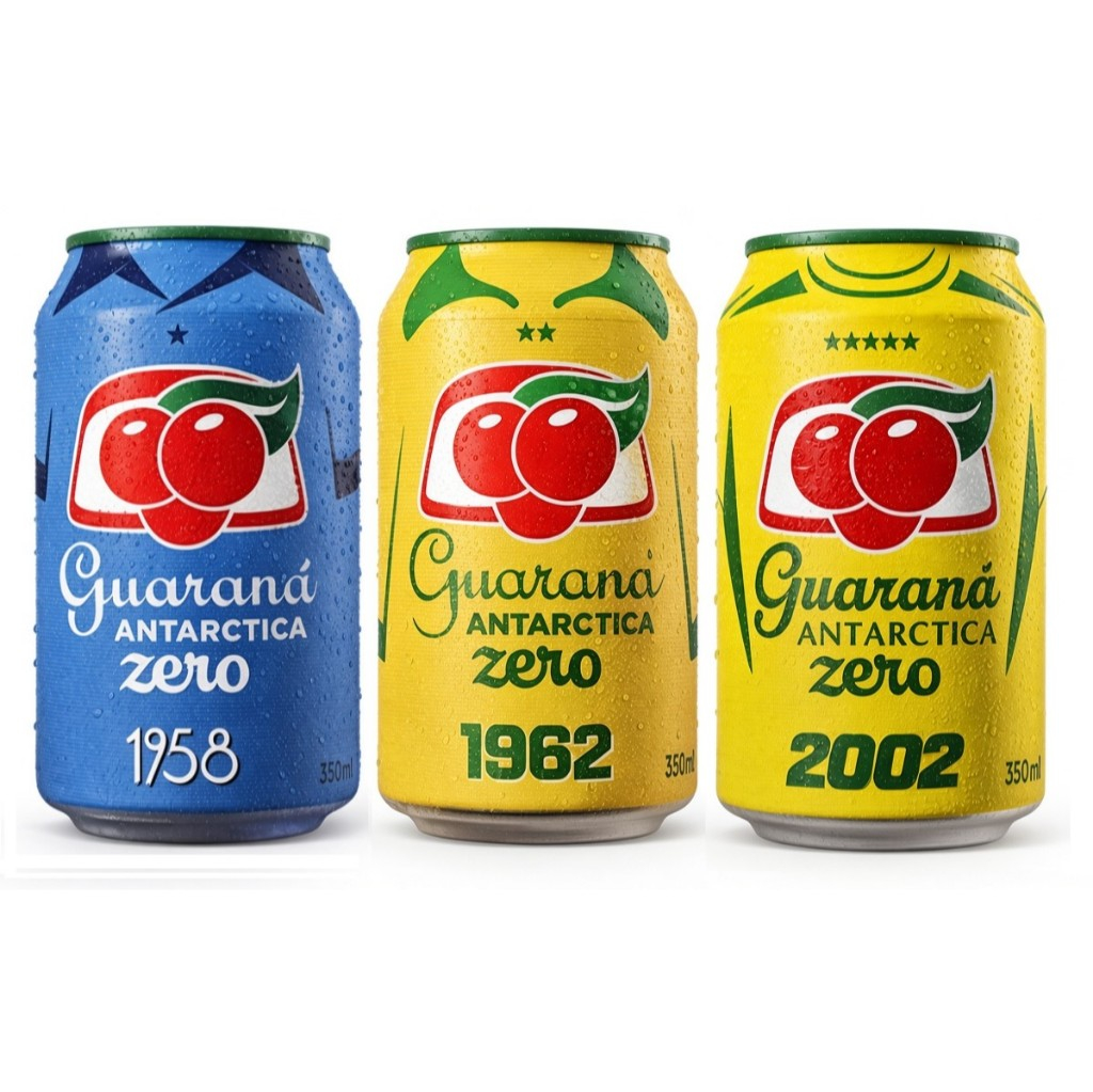 Kit 3 Guaraná Brasil Copa 2026 Seleção Brasileira Homenagem Camisas 1958 de 1962 de 2002 Latas 350ml