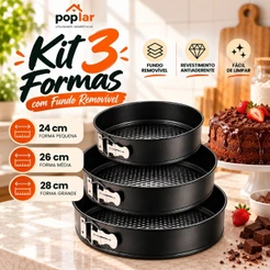Kit 3 Formas Redondas Fundo Removível Antiaderente 24cm 26cm 28cm Poplar para Bolo e Torta