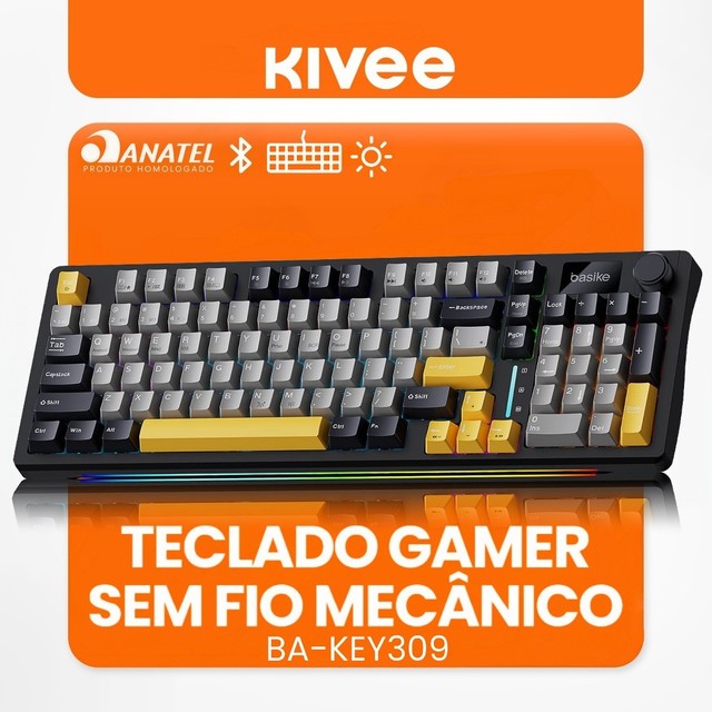 Kivee X Basike Teclado Mecânico Gamer Triplo Modo RGB 96 Teclas Bluetooth 2.4G e Fio Bateria 4000mAh KEY309