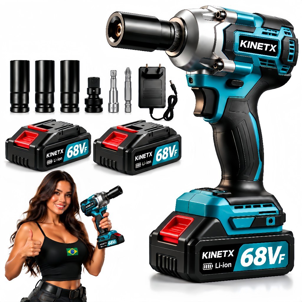Chave de Impacto Sem Fio Kinetx 880Nm Motor Brushless 2 em 1 com 2 Baterias 68Vf Recarregáveis Profissional