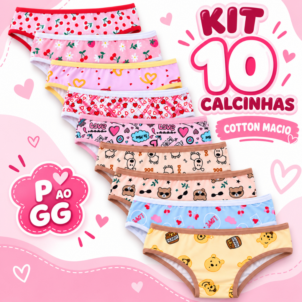 Kit 10 Calcinhas Juvenil Infantil Algodão Menina Confortáveis
