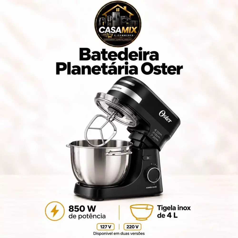 Batedeira Planetária Oster Preta 850W 12 Velocidades Tigela Inox 4L OBAT641 110v/220v