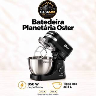 Batedeira Planetária Oster Preta 850W 12 Velocidades Tigela Inox 4L OBAT641 110v/220v