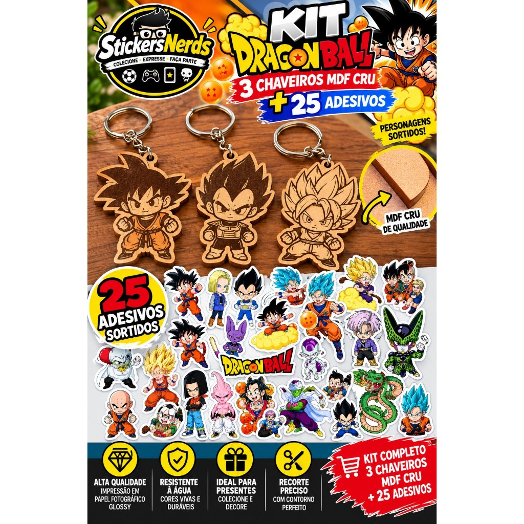 Kit Stickers Nerds Dragon Ball com 3 Chaveiros MDF Cru e 25 Adesivos Sortidos