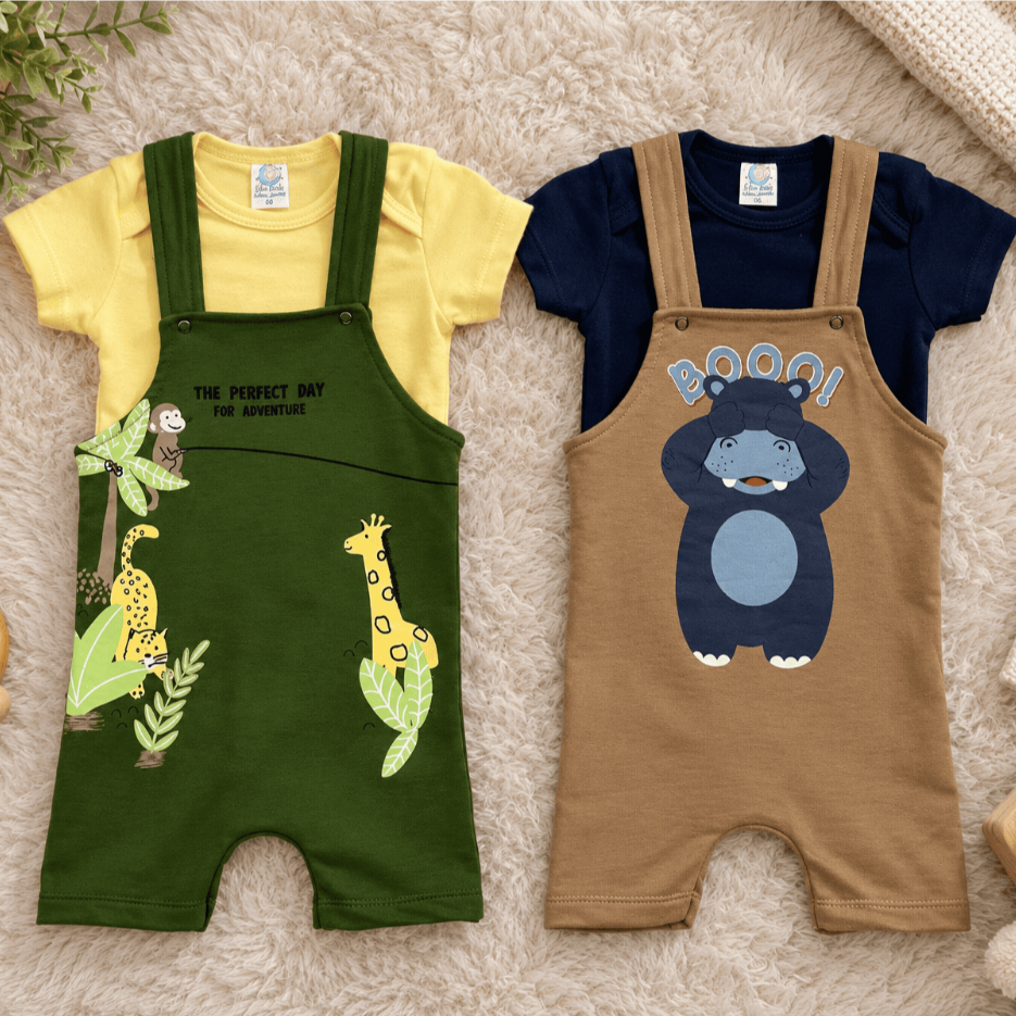 Kit De 2 Conjuntos Bebê Body E Jardineira Masculino Sortidos Algodão Menino Roupa Infantil Verão Manga Curta
