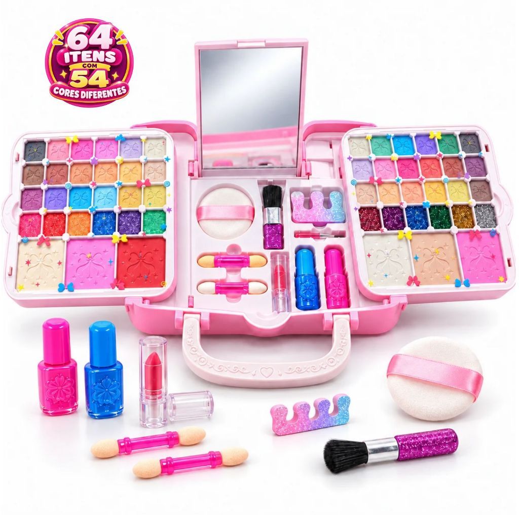 Kit Maquiagem Infantil 64 Itens 54 Cores Bolsa Mágica Com Espelho e Alça Brinquedo Completo Lavável Menina 3+