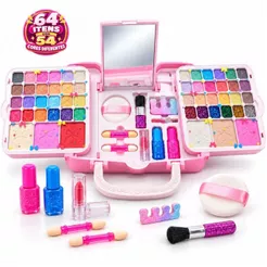 Kit Maquiagem Infantil 64 Itens 54 Cores Bolsa Mágica Com Espelho e Alça Brinquedo Completo Lavável Menina 3+