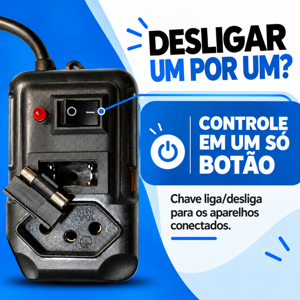 FILTRO DE LINHA RÉGUA 6,5,4,3 TOMADAS RESISTENTE 10A COM FUSÍVEL TRIPOLAR — imagem 2 de 2