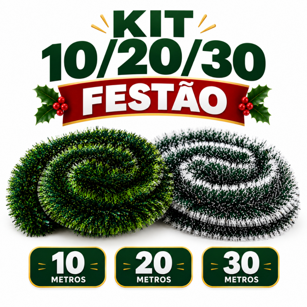 Kit 10/20/30 Metros Festão de Natal Ponta Verde/Nevado 2M x 9CM – Decoração Natalina para Árvore, Porta, Escada e Mesa