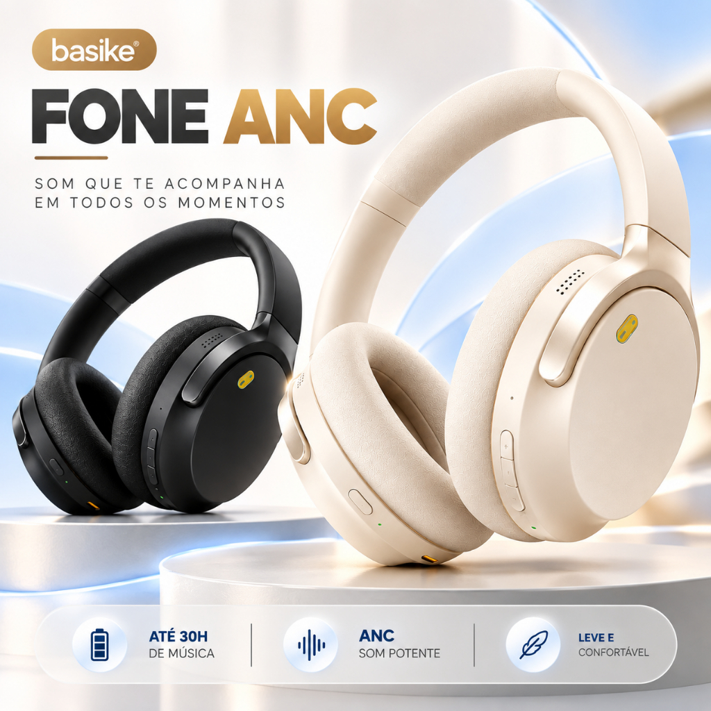 Fone de Ouvido Bluetooth com Cancelamento de Ruído ANC Basike