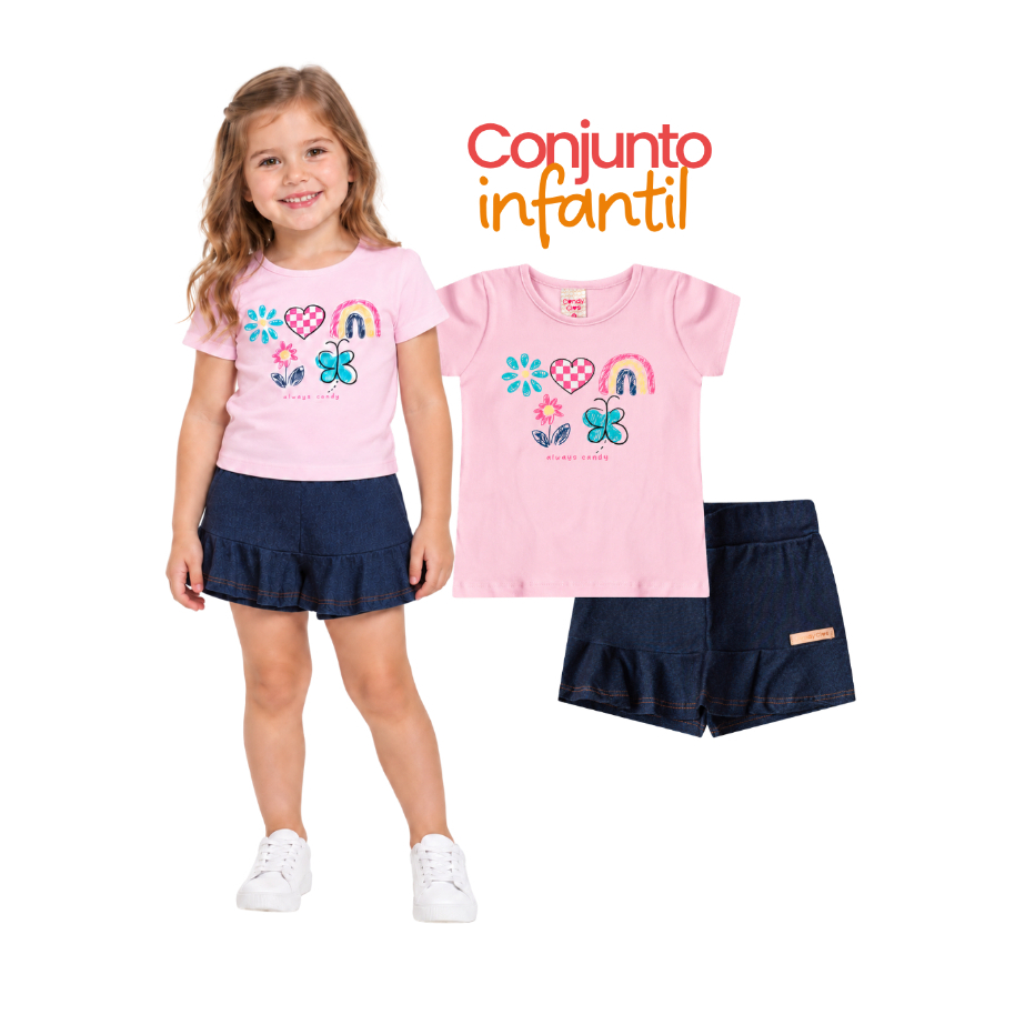 Conjunto Infantil Menina Camiseta Short Moletinho 4 A 8 Anos Feminino Blogueirinha