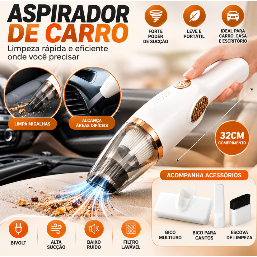 Aspirador de Pó Portátil 3 em 1 para Carro e Casa com Luz UV e Acessórios Multiuso
