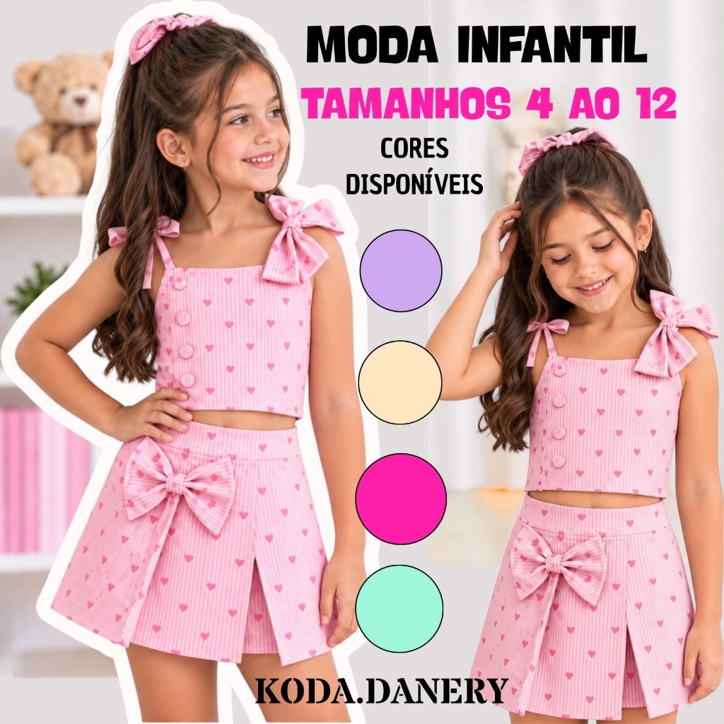 Conjunto roupa Infantil Feminina Menina Verão Cropped Saia Laço Corações Listrado 4 ao 12