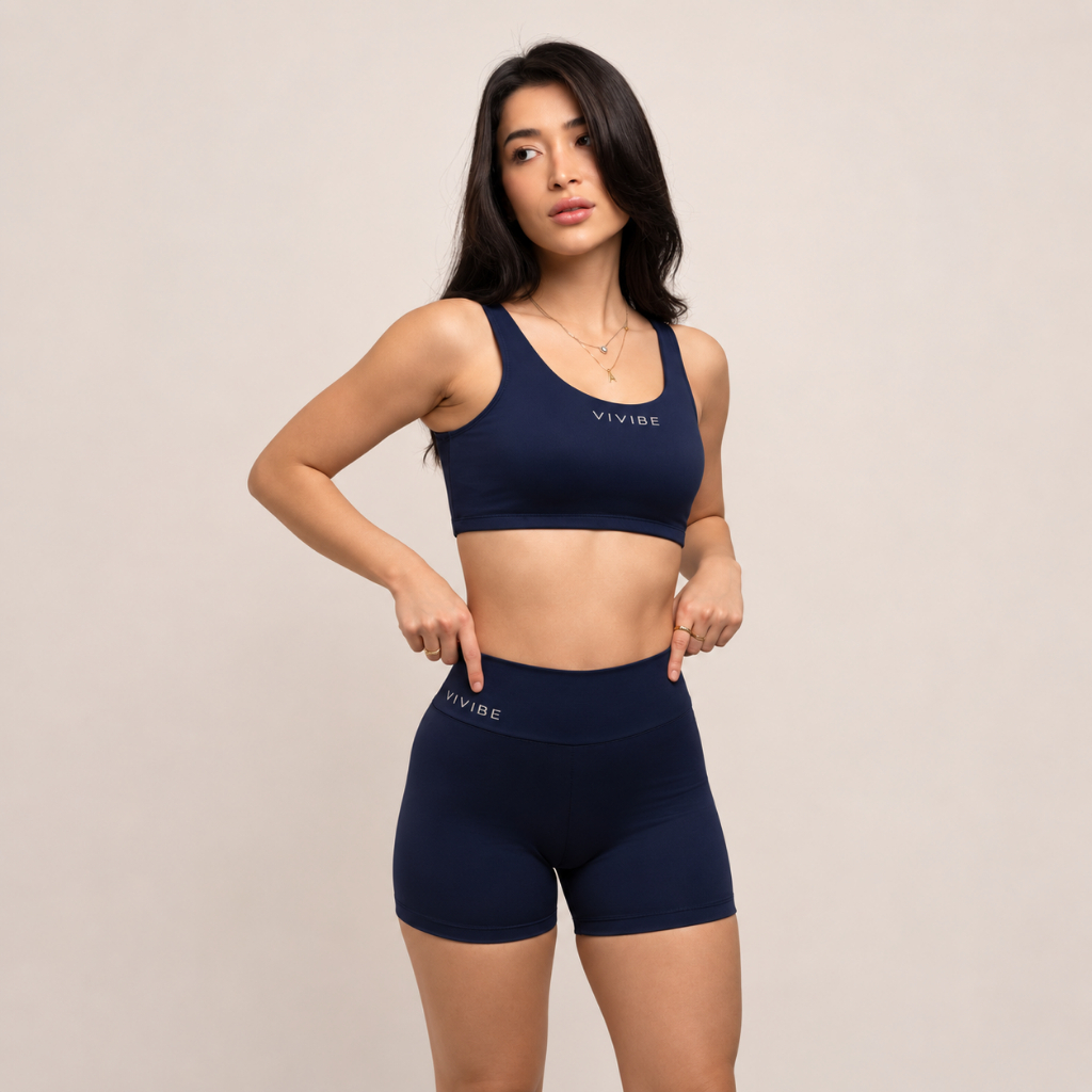 Conjunto Fitness Feminino Top + Bermuda Sem Bolso Vivibe Poliamida Blackout Cintura Alta Academia Zero Transparência