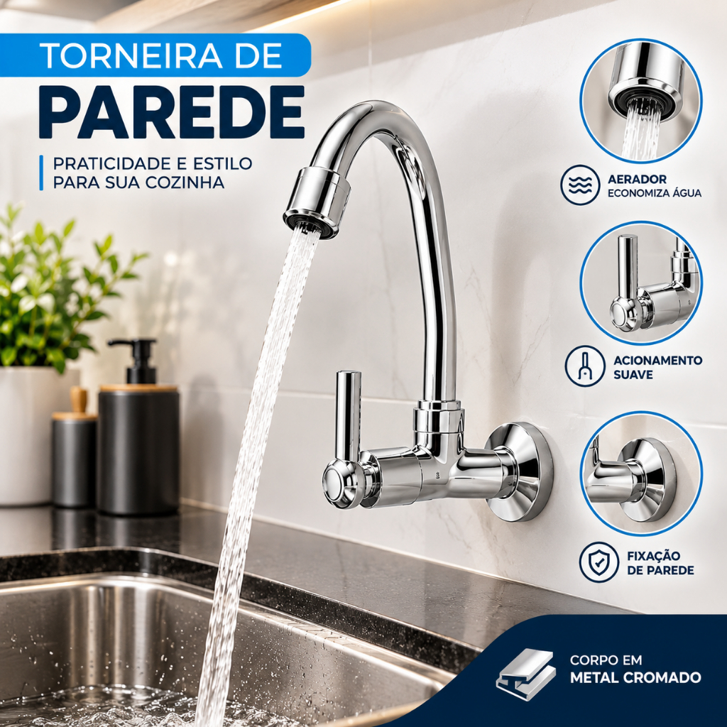 Torneira Cozinha Parede Bica Móvel METAL gourmet água cromado