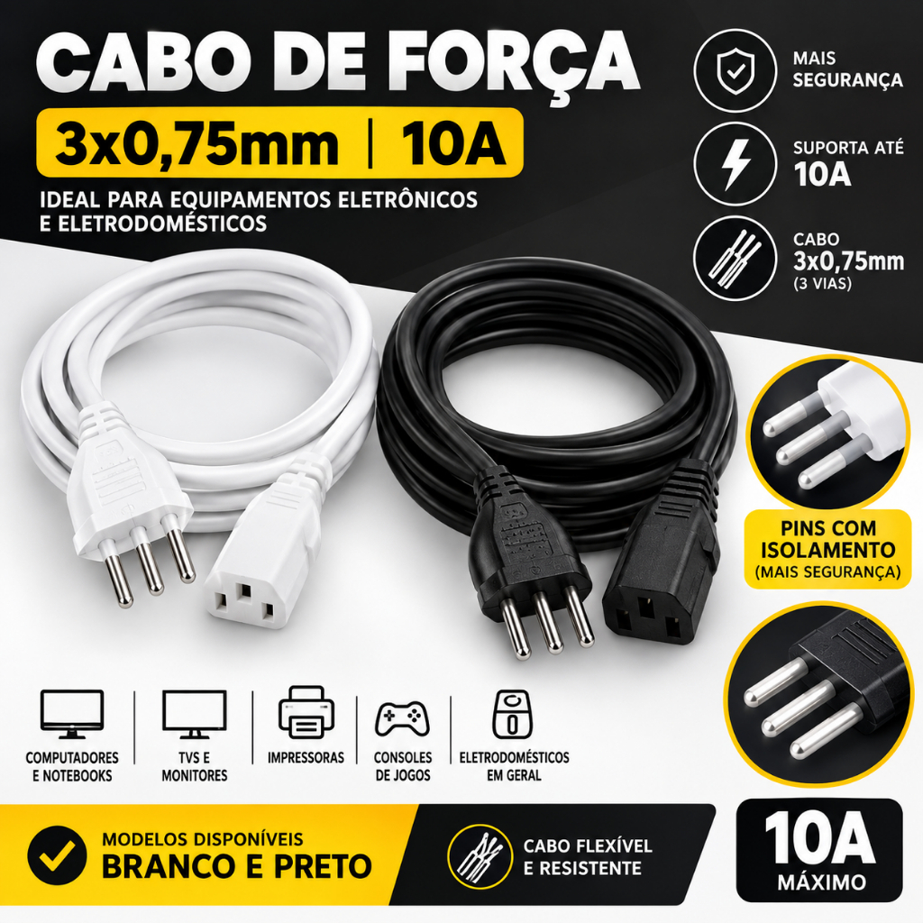 Cabo De Força Energia 3 Polos 10a Para Airfryer