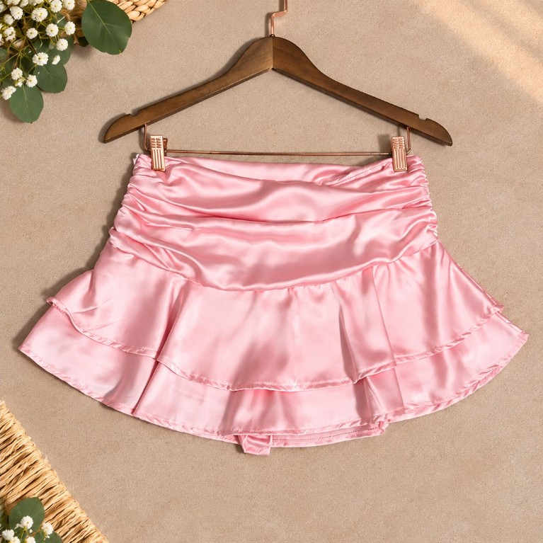 Mini-Saia Plissada em Cetim Com Babados | Forrados com Short | Zíper Lateral | Elegante
