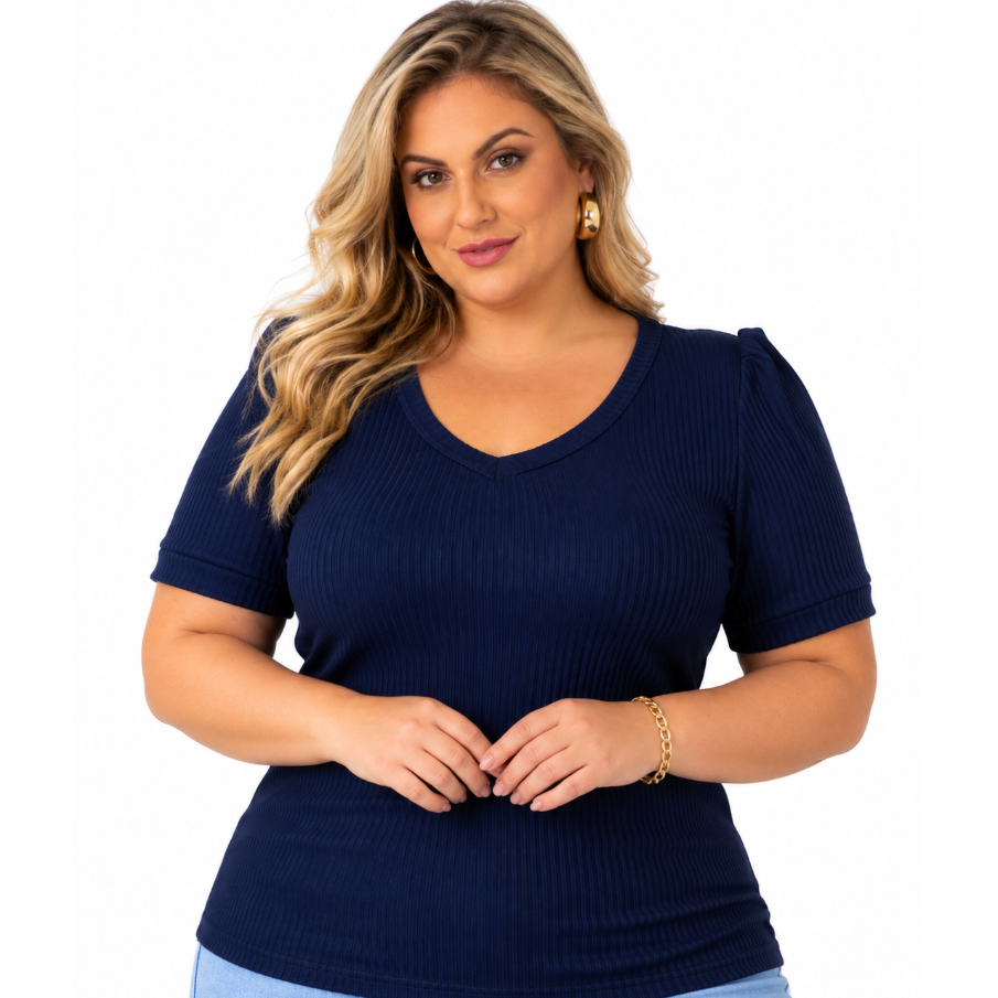 Blusa Canelada Decote V Feminina Plus Size Básica Malha Poliéster com Elastano 1211