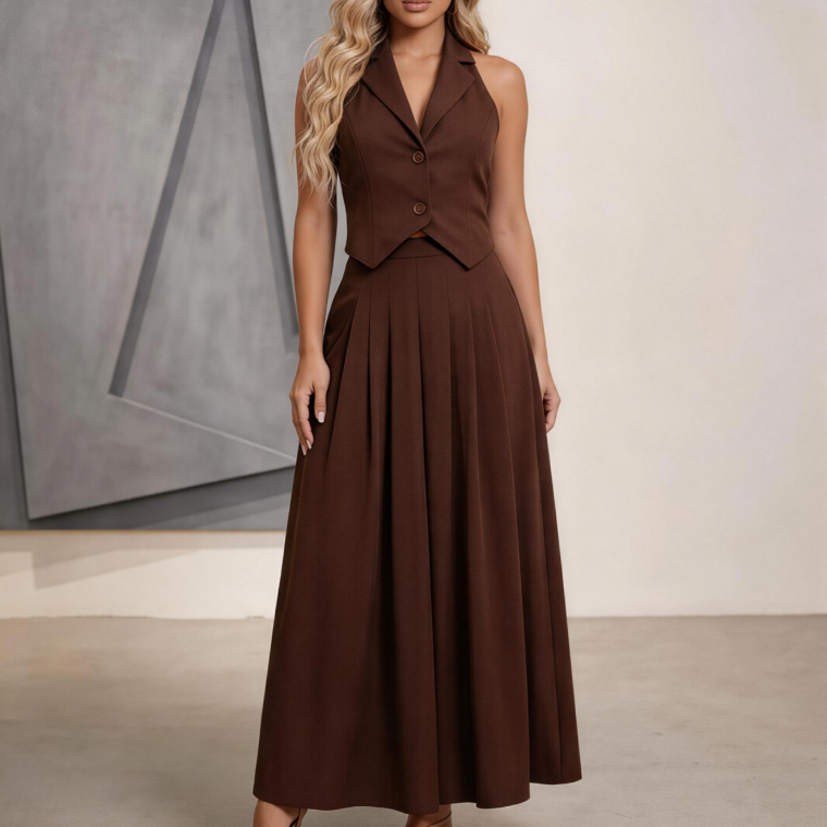 Conjunto Feminina Regata Com Decote Em V E Saia Longo Sólida E Elegante Cintura Alta