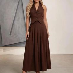 Feminina Regata Com Decote Em V E Saia Longo Sólida E Elegante Cintura Alta perfeita para um look formal chique.