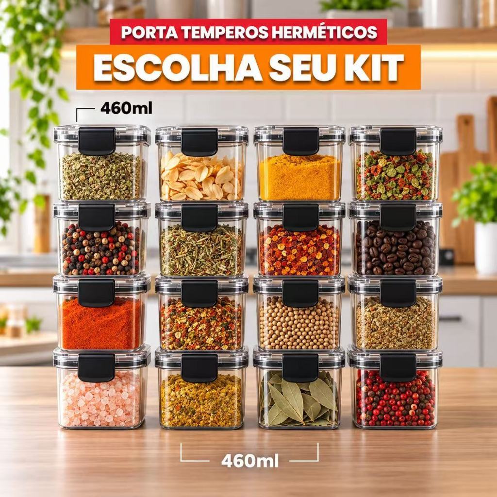 Kit de Potes Hermeticos Porta Mantimentos Empilhável em Acrílico Cristal com Vedação Blindada 460ML