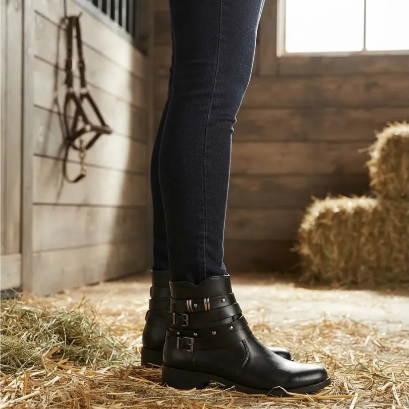 Bota Feminina de cano curto com Fivelas - Preto