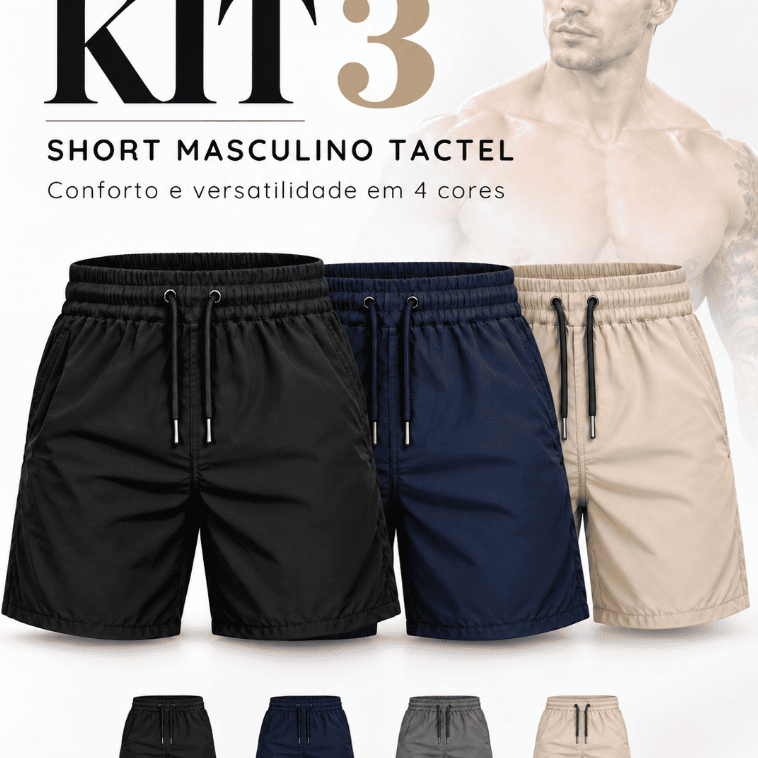 Kit 3 Short Masculino Tactel Elastano Mauricinho Academia Praia Piscina Treino Com Bolsos
