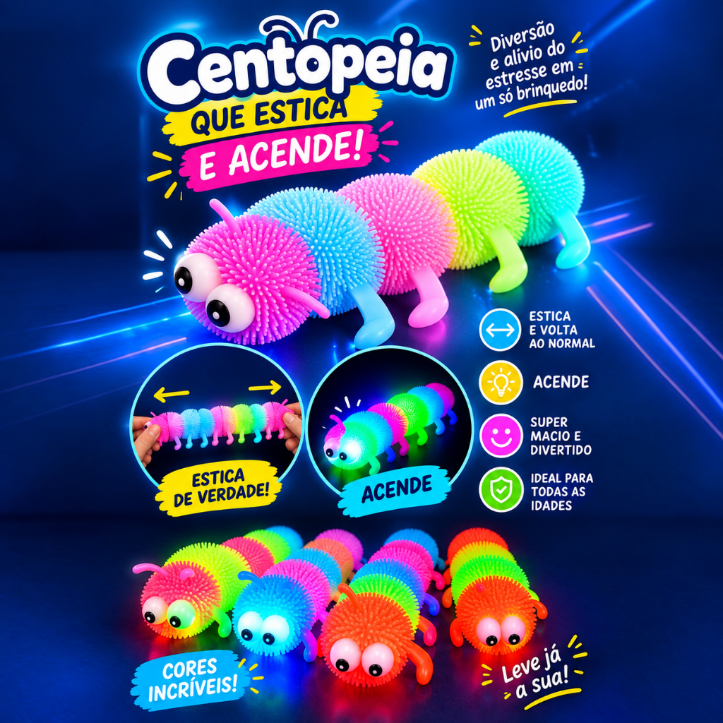 Brinquedo Infantil Centopéia Lagarta com Luz De Apertar E Esticar Colorida