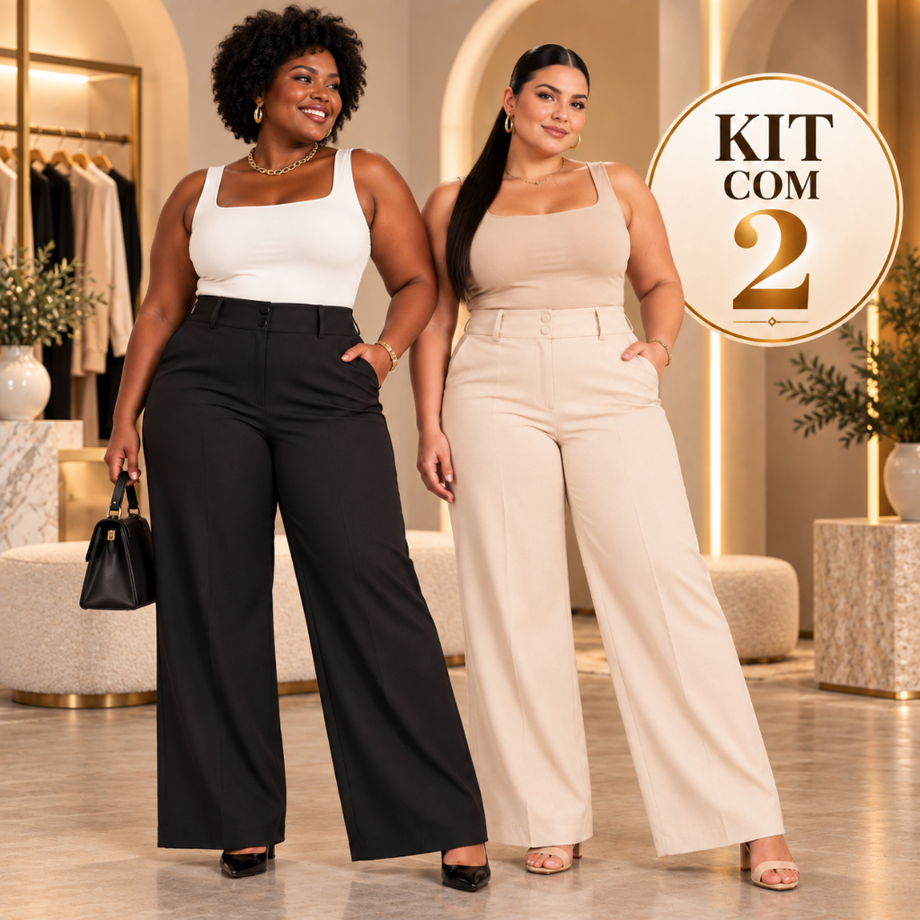 Kit 2 Calças Alfaiataria Plus Size Feminina Social Cintura Alta Reta com Bolsos 2 Botões Elegante Confortável Executiva 
