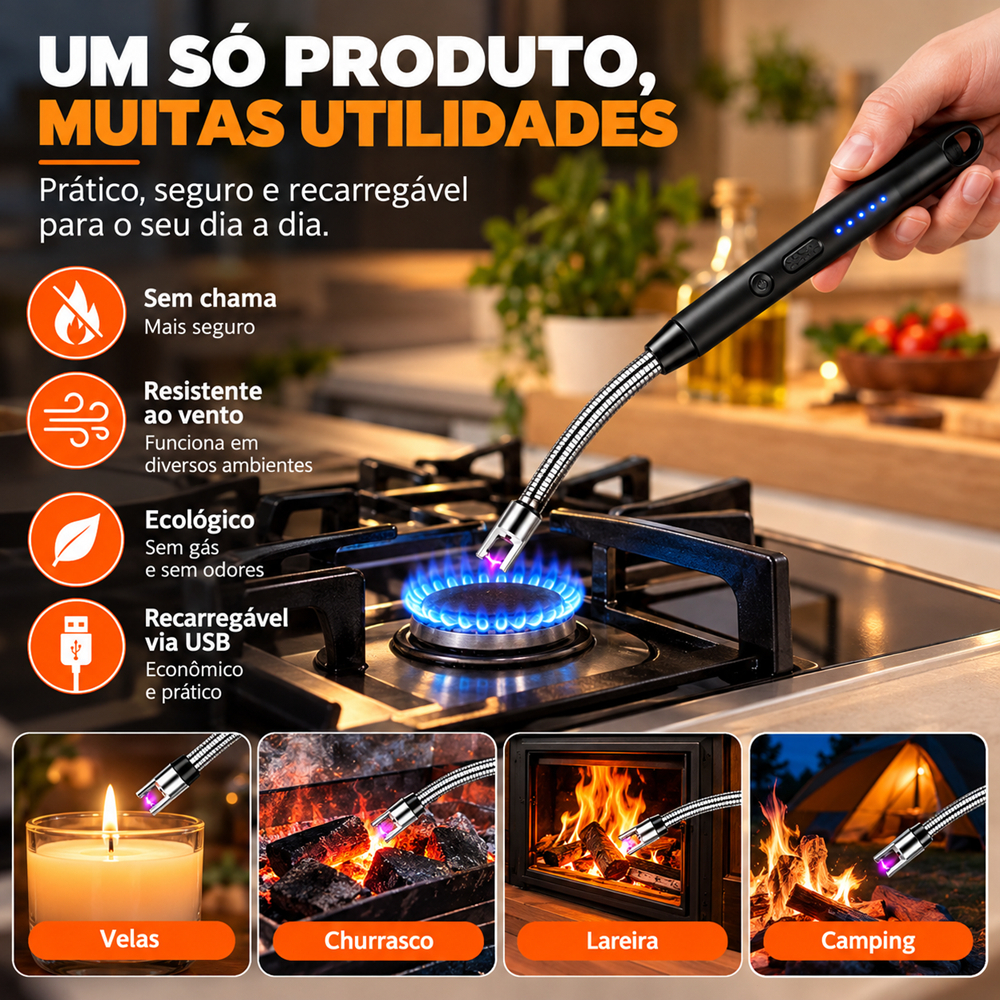 Isqueiro Eletrico Acendedor De Fogão Churrasqueira Vela com Recarga USB