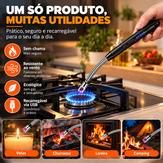 Isqueiro Eletrico Acendedor De Fogão Churrasqueira Vela com Recarga USB