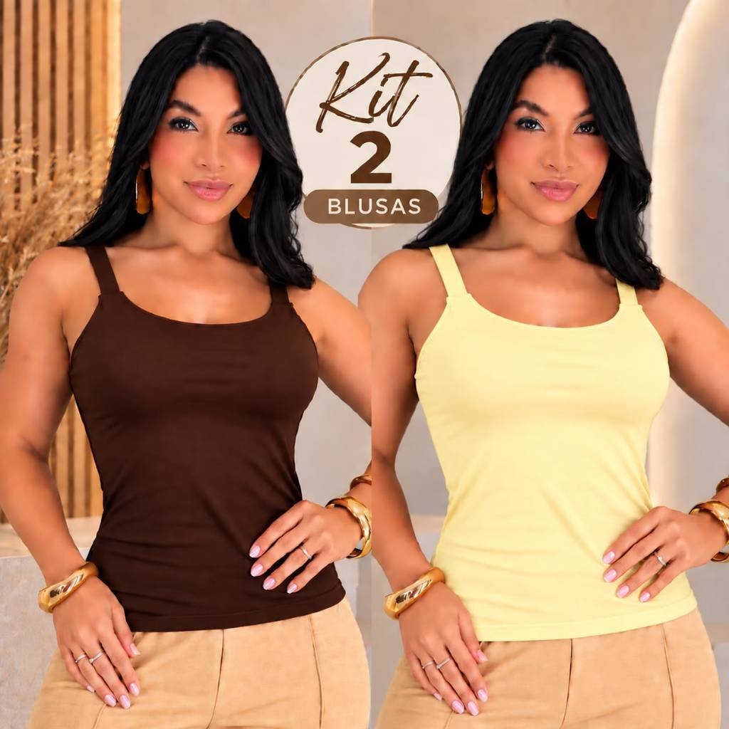 Kit 2 Regatas Femininas Poliamida Frente Dupla Alça Fina Toque Geladinho