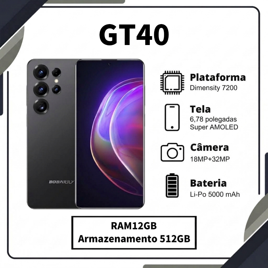 Smartphone GT40 Android 15, 12GB+512GB, 5500 mAh, HD, 5G, dual-SIM Celular oficial Exclusivo para jogos