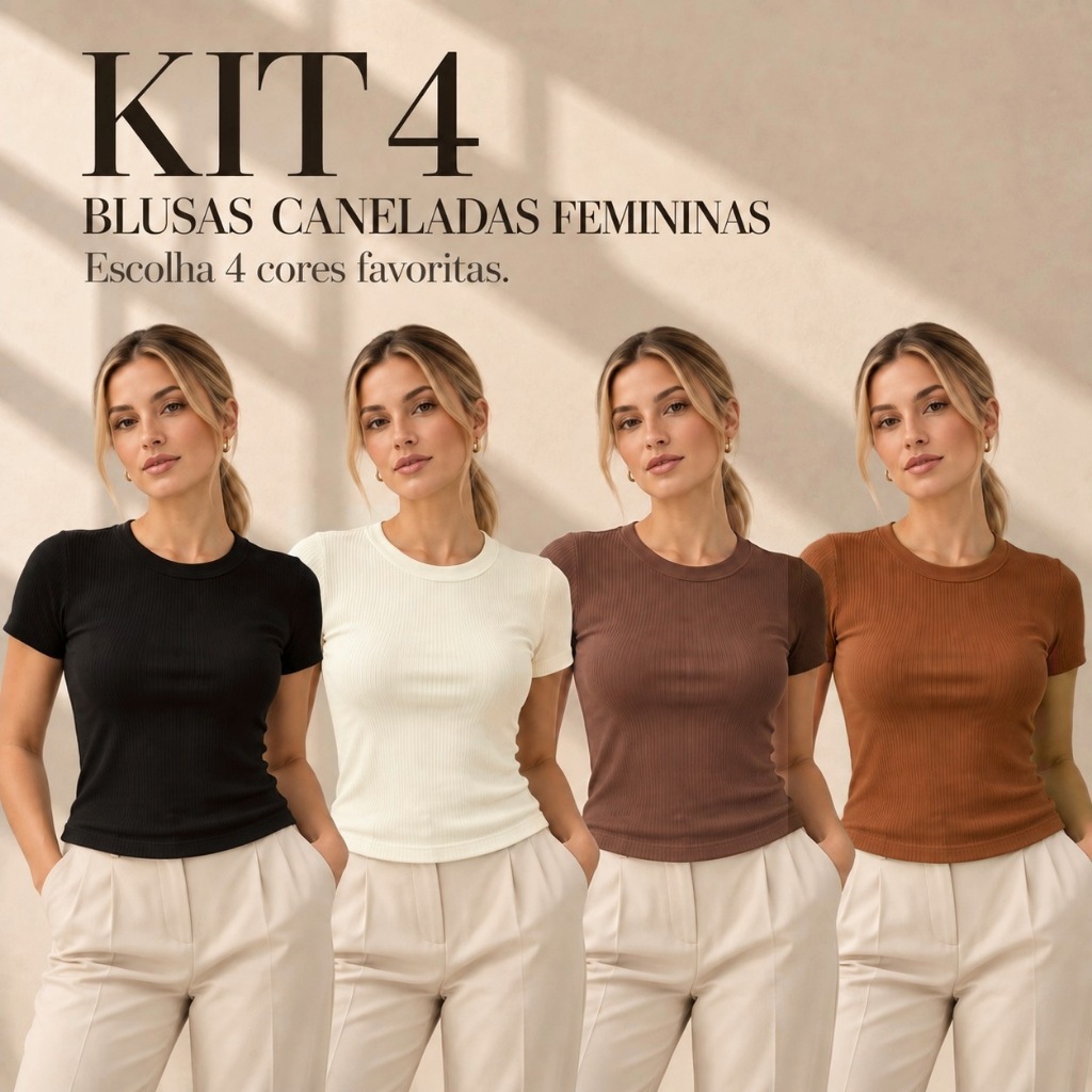 Kit 4 Blusas Canelada 100% Algodão Feminina Manga Curta Gola Redonda Ribana Básica Justa Blusinha Canelada Estilosa