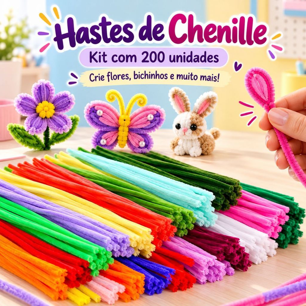Haste Chenille 30cm Kit 100 ou 200 Unidades Colorido Arame Felpudo Limpador de Cachimbo Artesanato