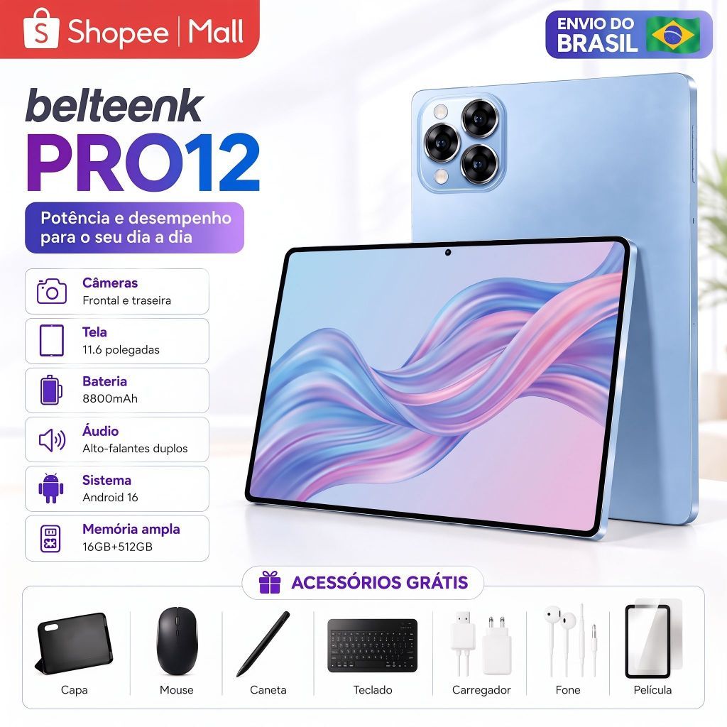 Tablet belteenk Pro12 | 16GB RAM 512GB | Android 16 | Tela 11.6" HD |8800mAh | 5G | Com Teclado e Mouse Grátis — oferta na Shopee
