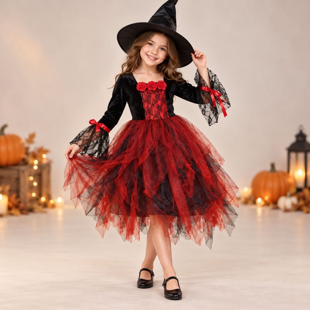 Fantasia de Bruxa Infantil Luxo Preta e Vermelha Vestido Longo Halloween Festa Vampira Infantil