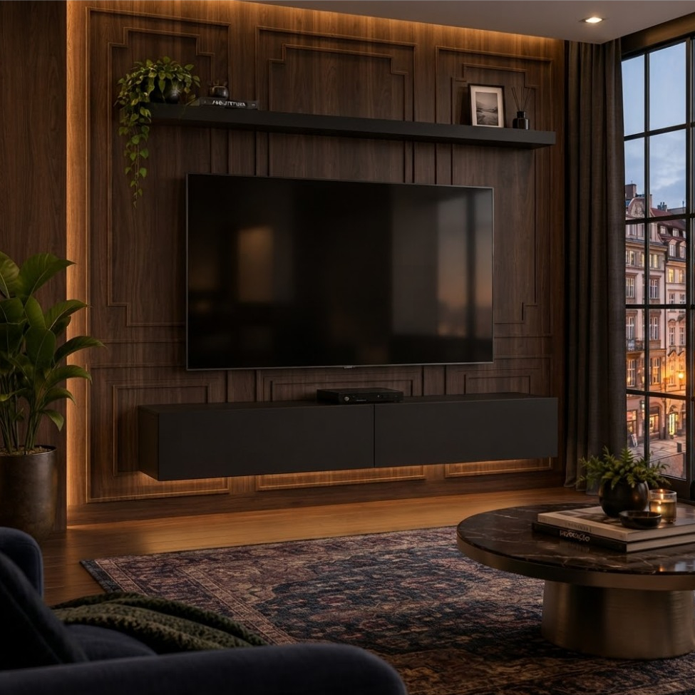 Painel Rack Suspenso 120 cm com Porta Basculante e prateleira para tv