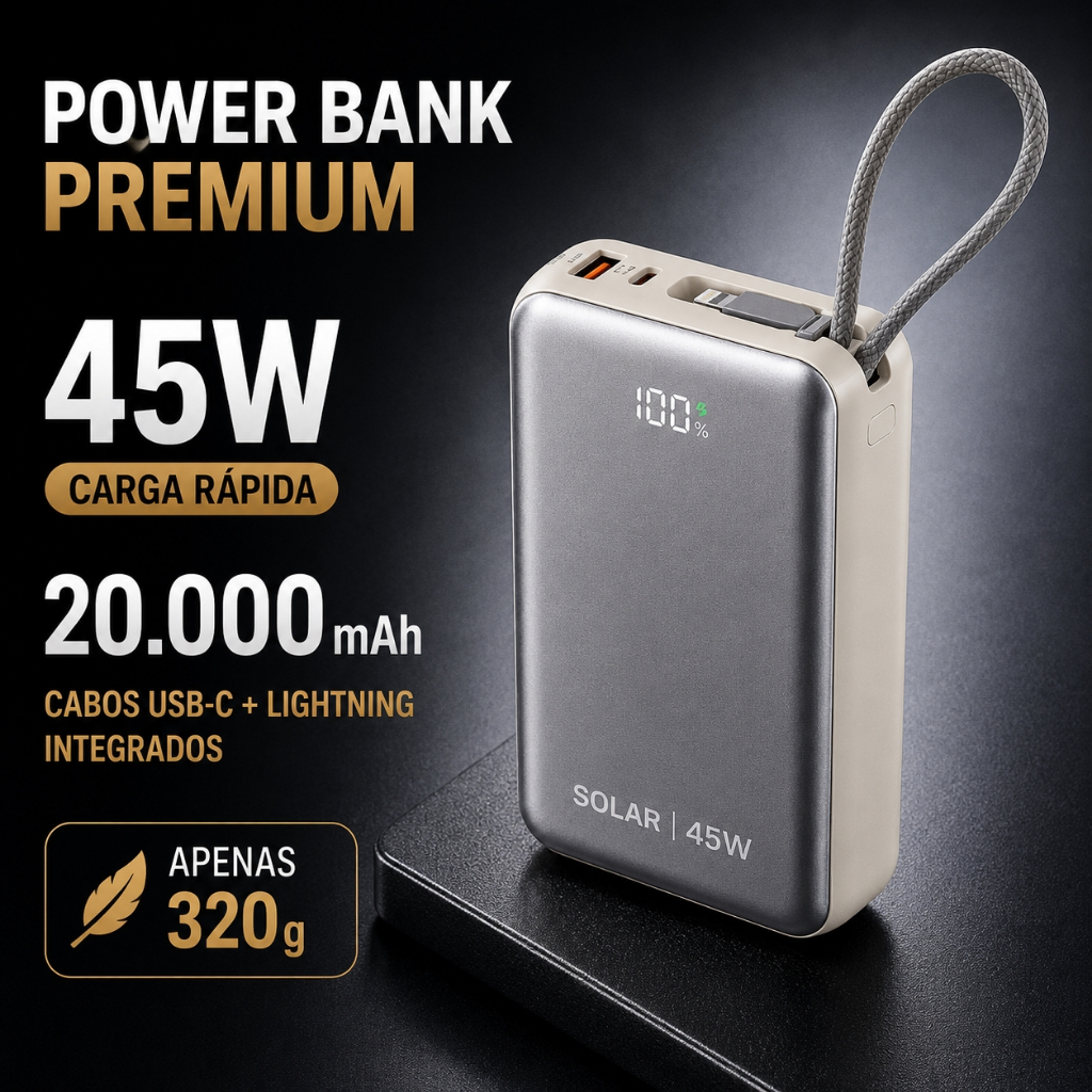 Power Bank 20000mAh 45W Carga Rápida com Display Digital para 4 Dispositivos