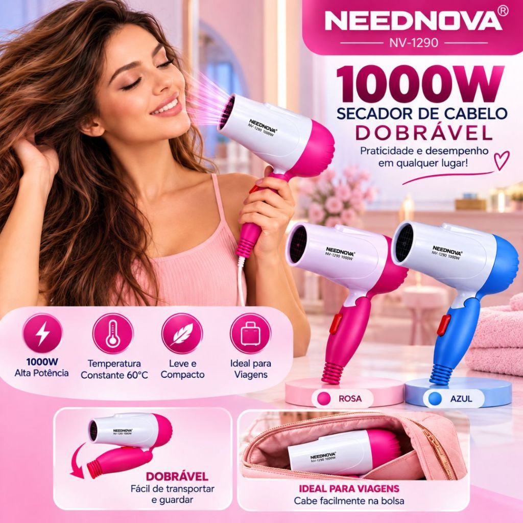 3235/3236 - Secador de Cabelo Dobrável Portátil 1000W Neednova NV-1290 / 220V Compacto para Viagem